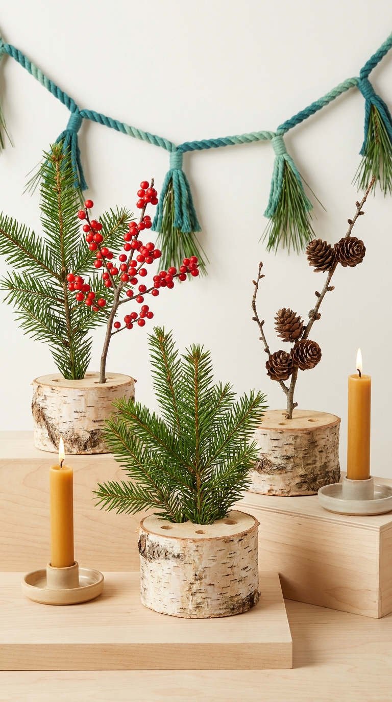 rondins bouleau sapin baies bougies