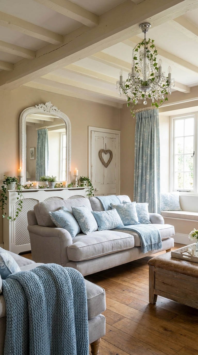 salon bleu poudre poutres