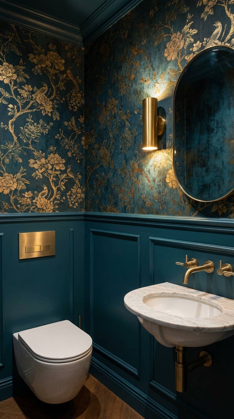 toilettes bleu profond papier peint dore