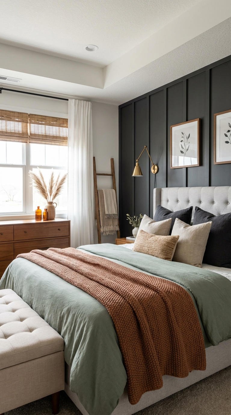 chambre vert sauge plaid terracotta
