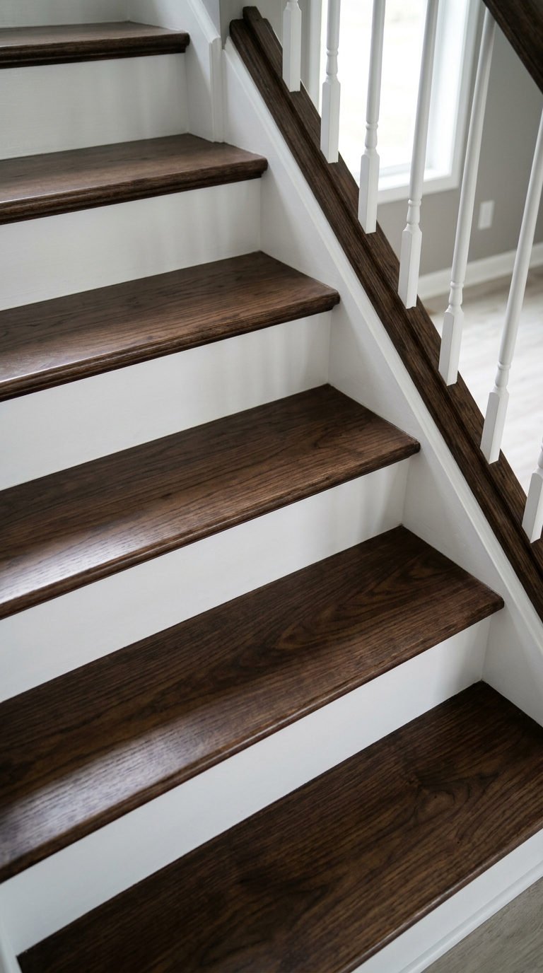 escalier bois fonce contremarches blanches