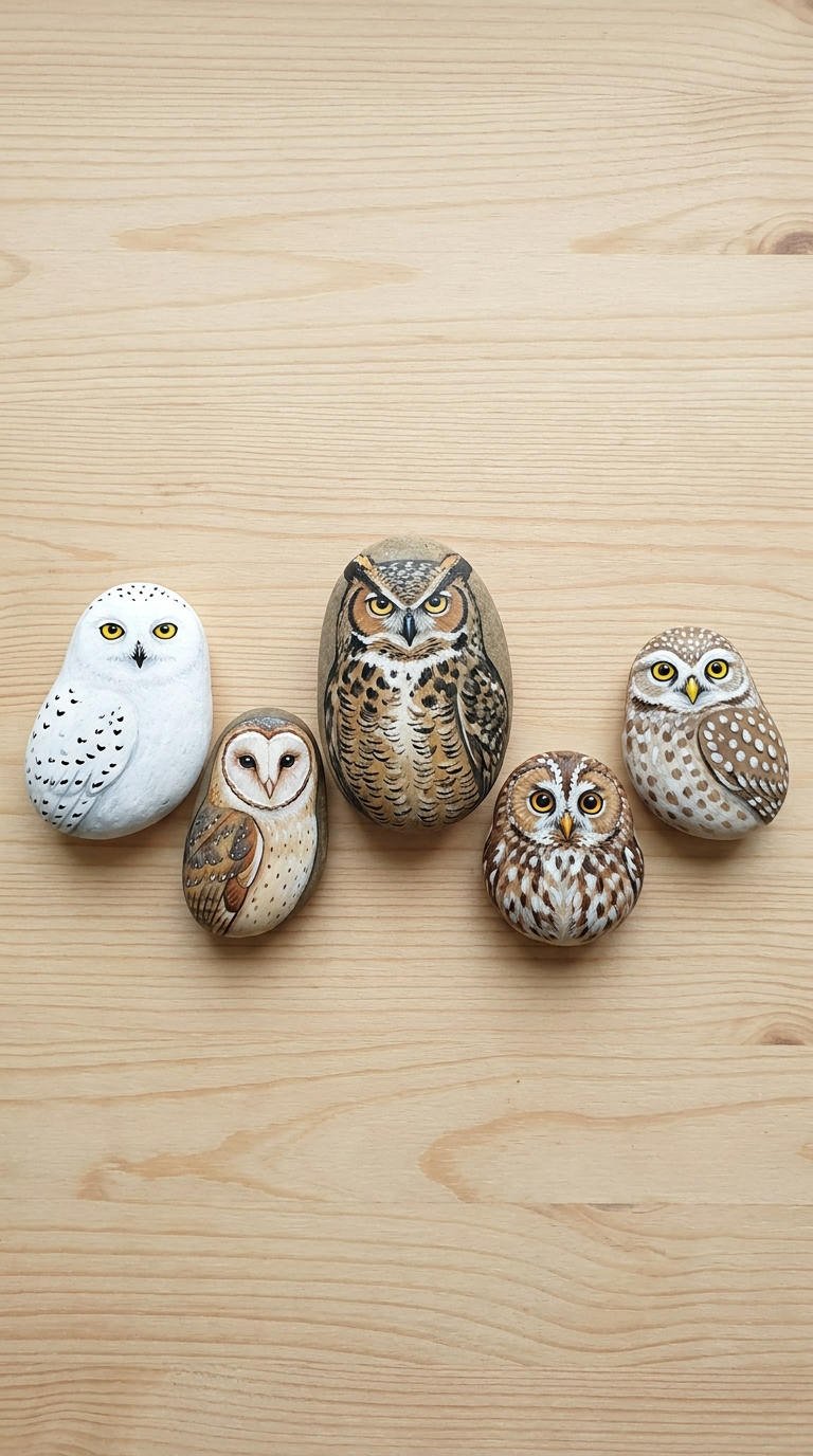 galets peints hiboux naturalistes bois