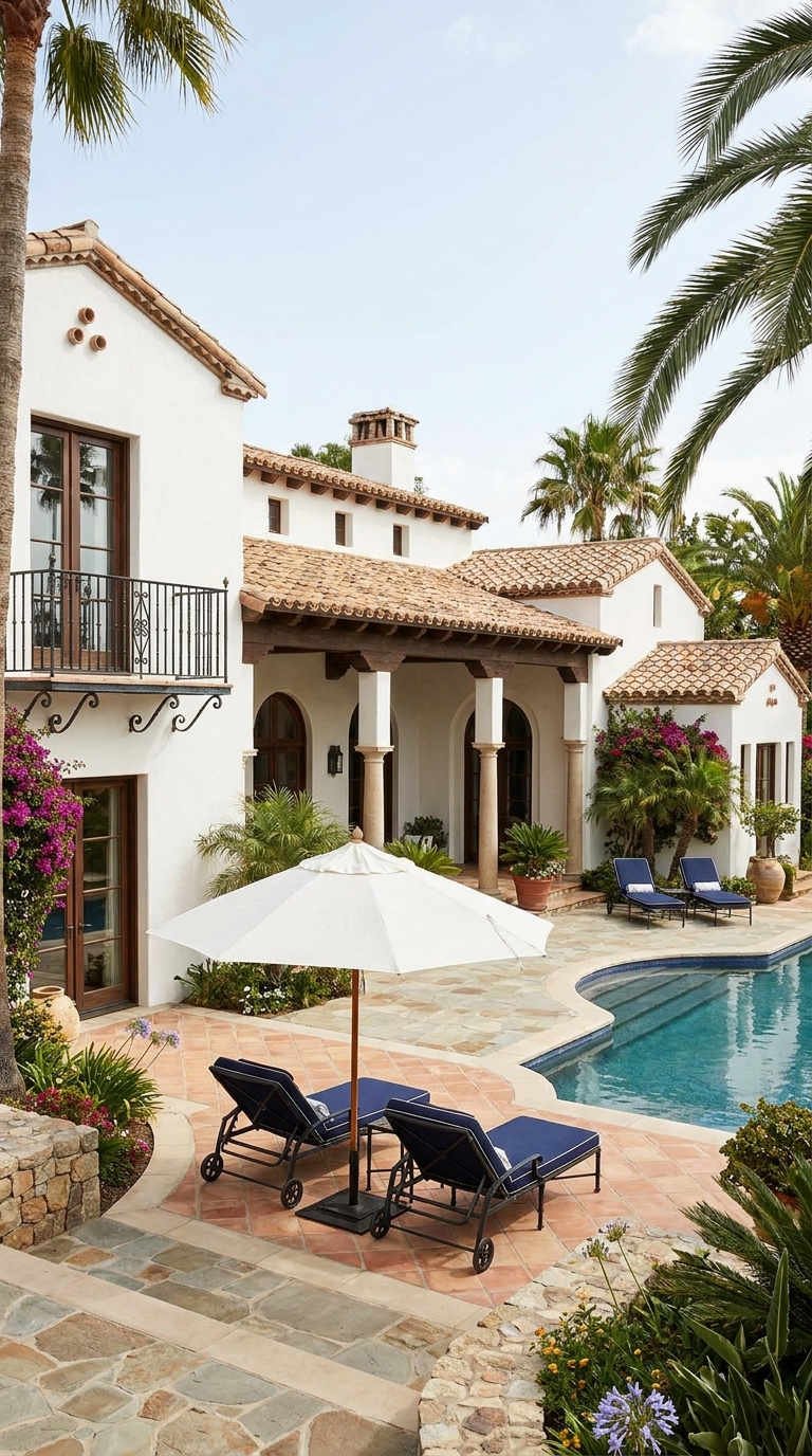 patio piscine palmiers tuiles