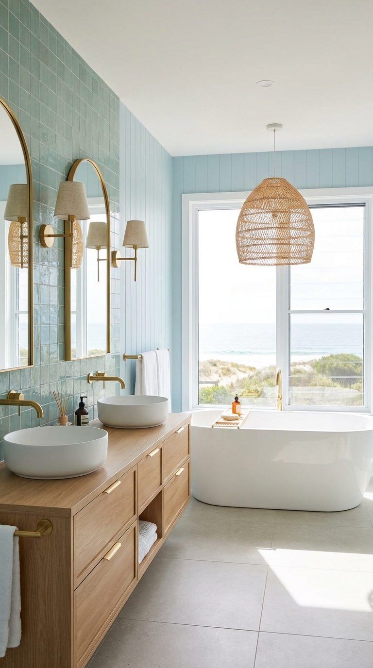 salle bain bleue vue mer