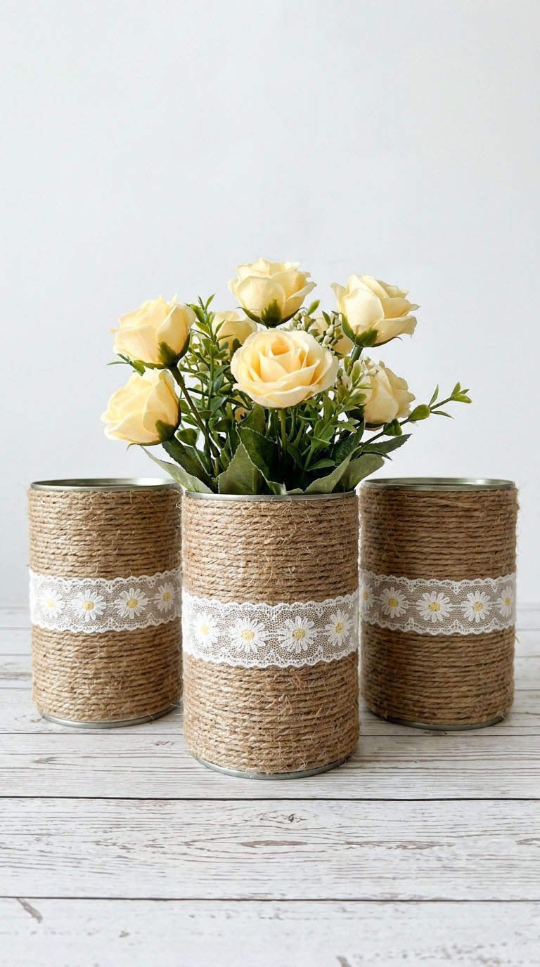vases jute dentelle roses
