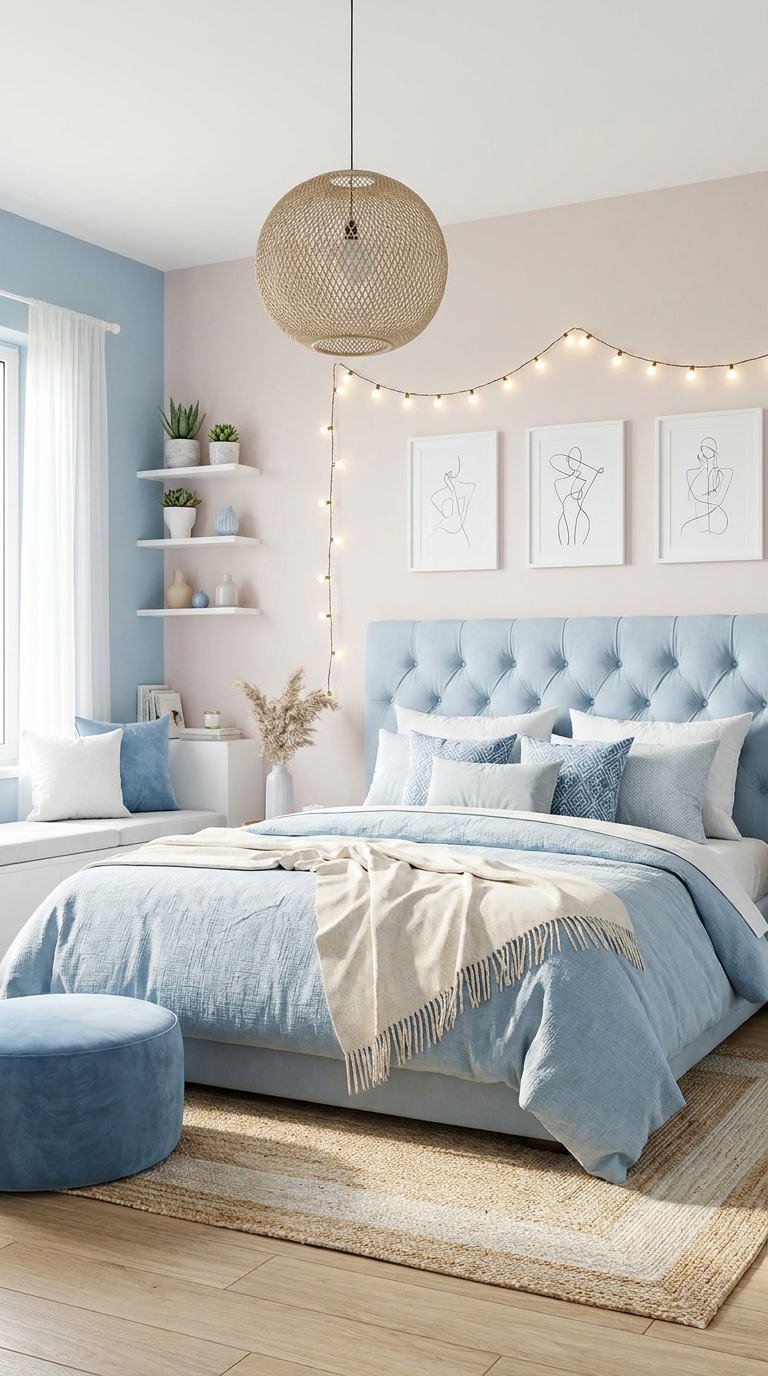 chambre bleu pastel guirlande
