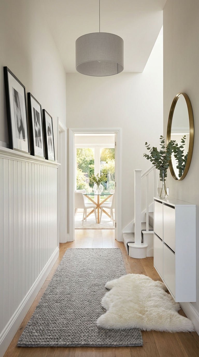 couloir clair tapis miroir rond