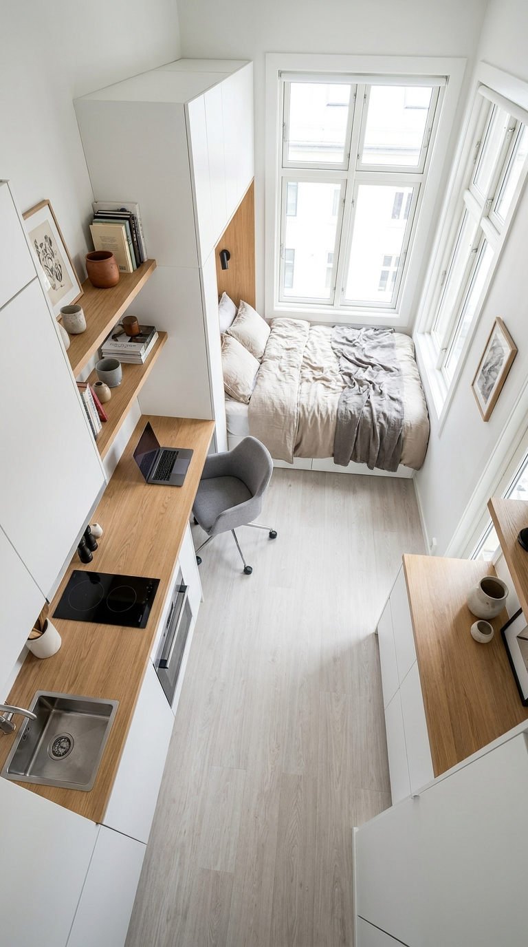 cuisine lineaire lit fenetre bureau