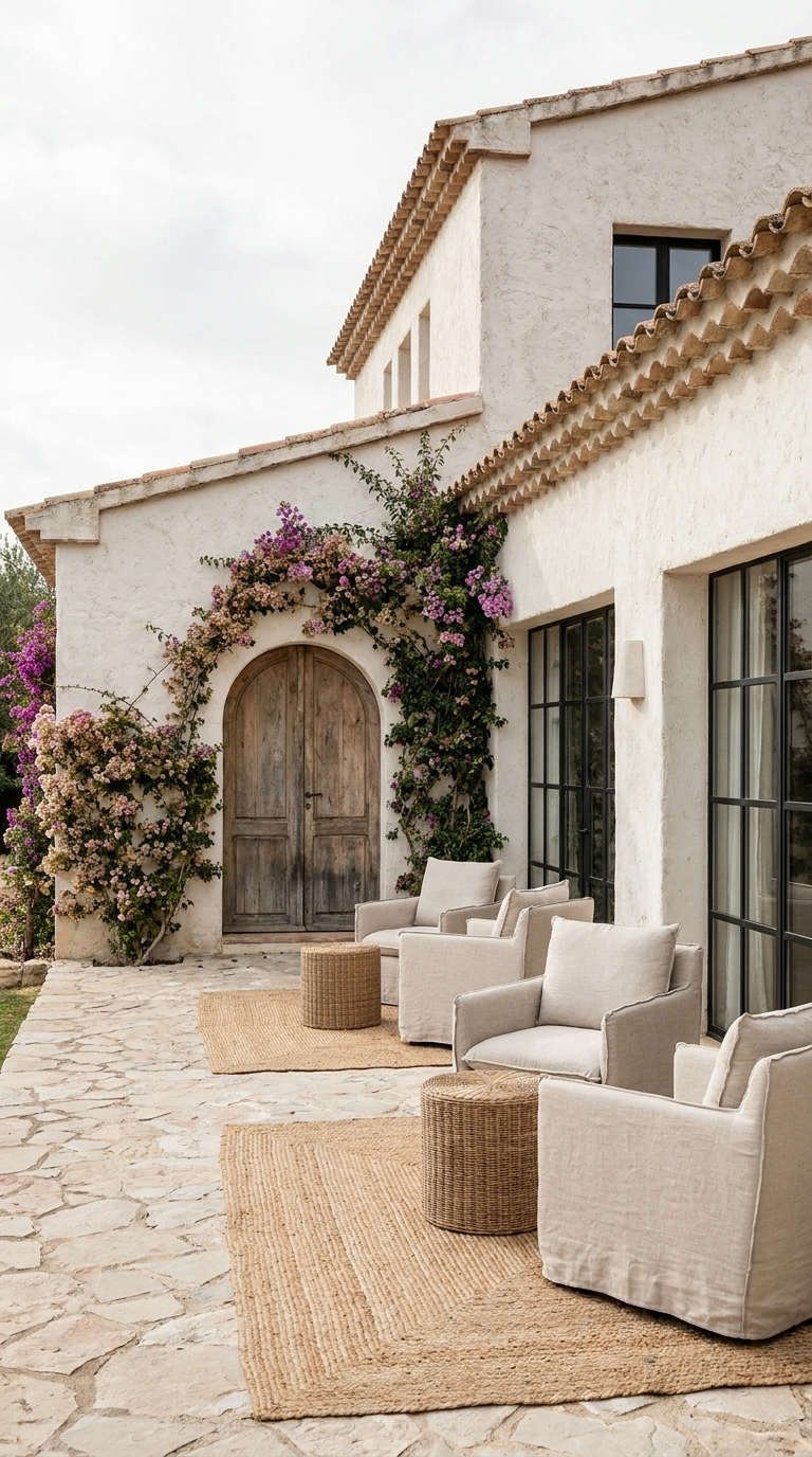 patio blanc fleurs grimpantes