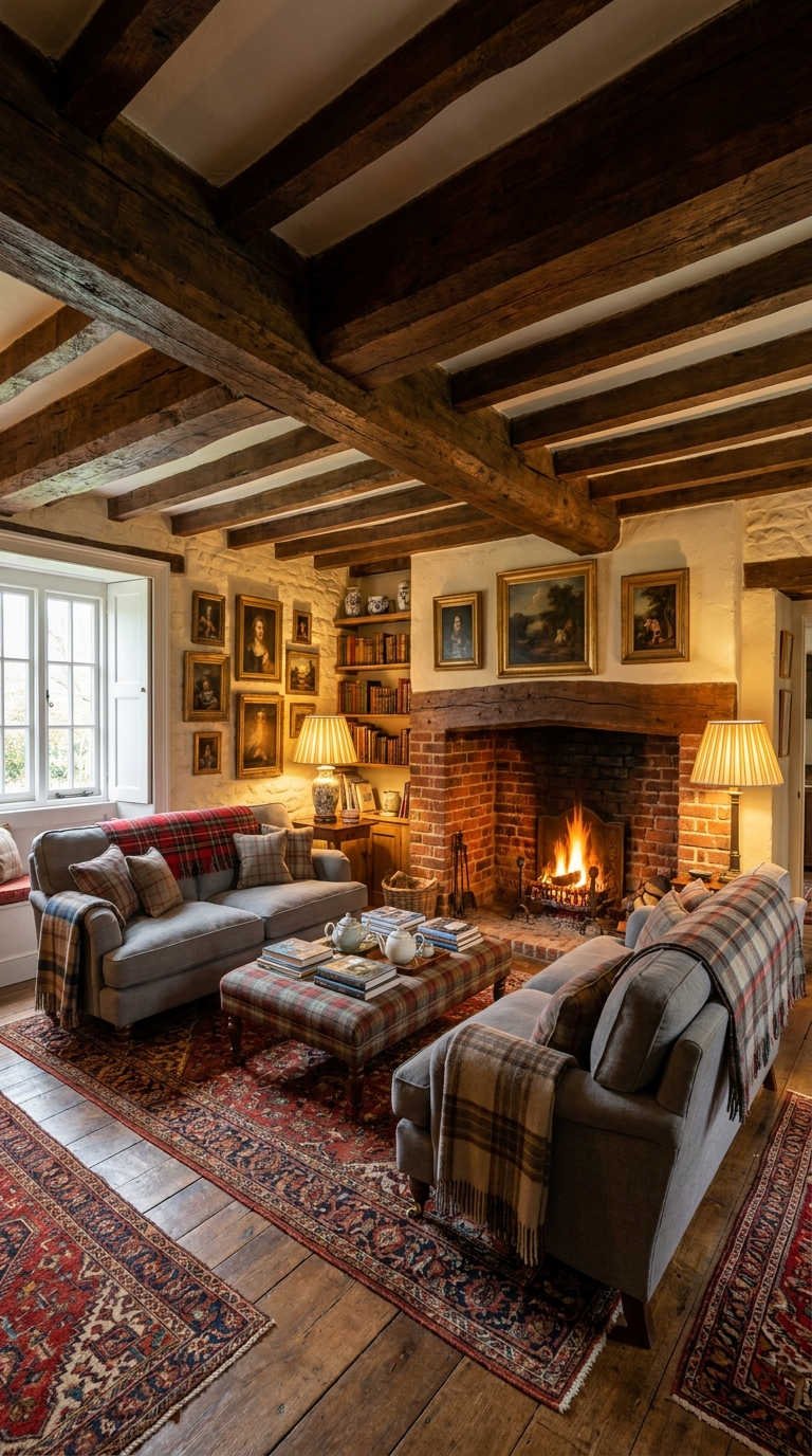 salon rustique cheminee poutres