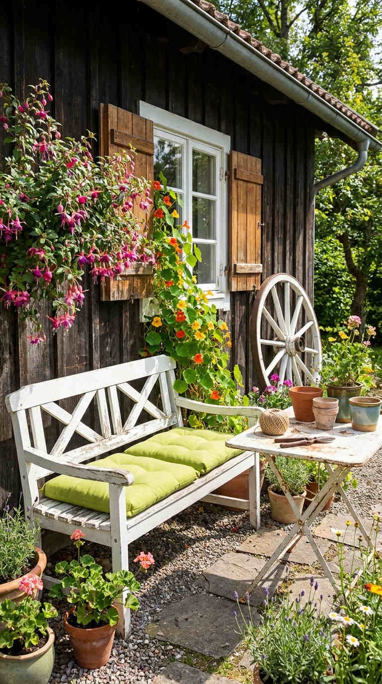 cottage banc blanc jardin
