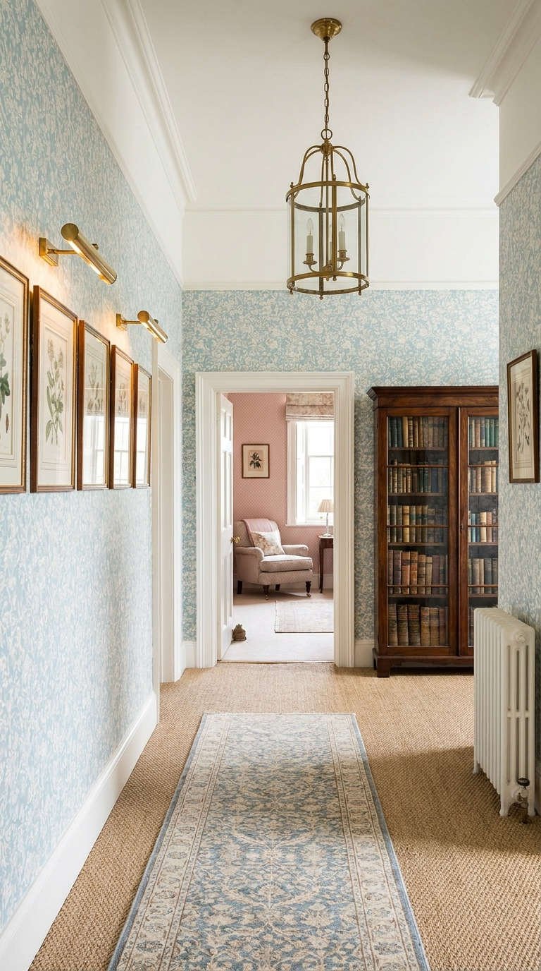 couloir papier peint bleu bibliotheque
