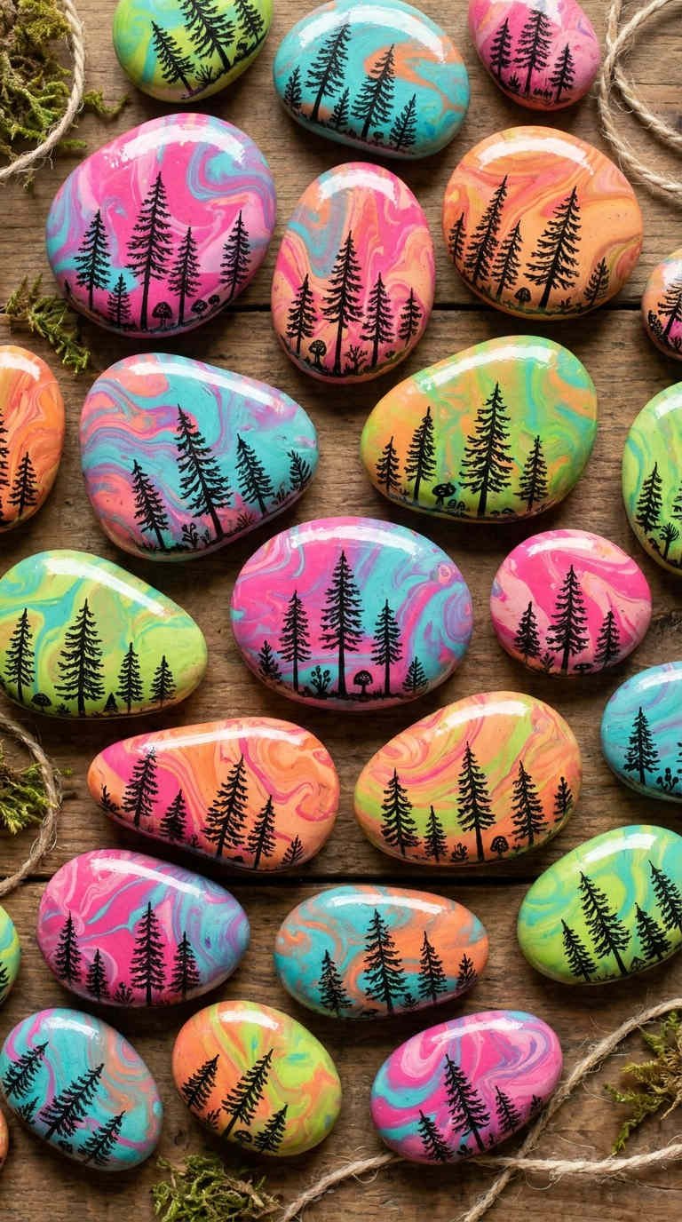 galets peints foret marbre sapins