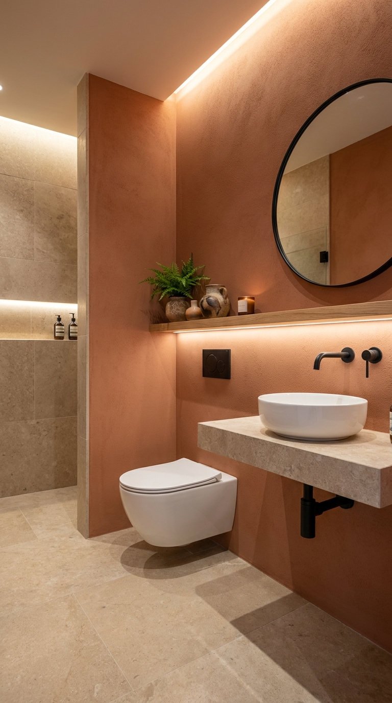 toilettes terracotta pierre miroir rond