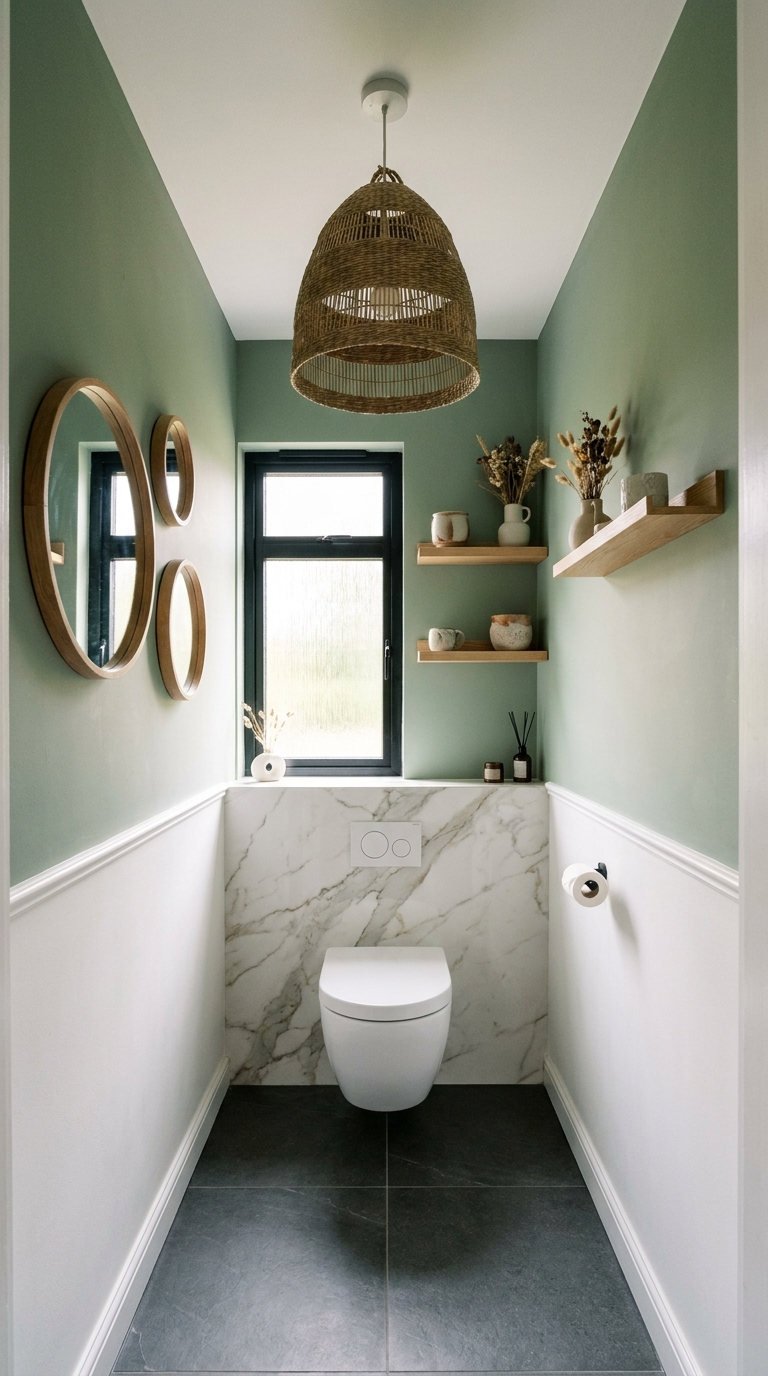 toilettes sauge marbre etageres bois