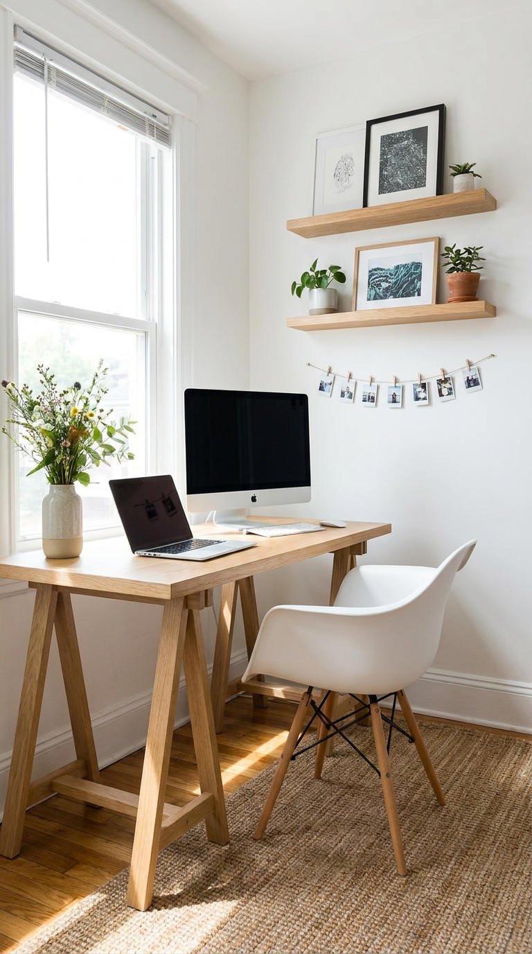 bureau fenetre etageres bois