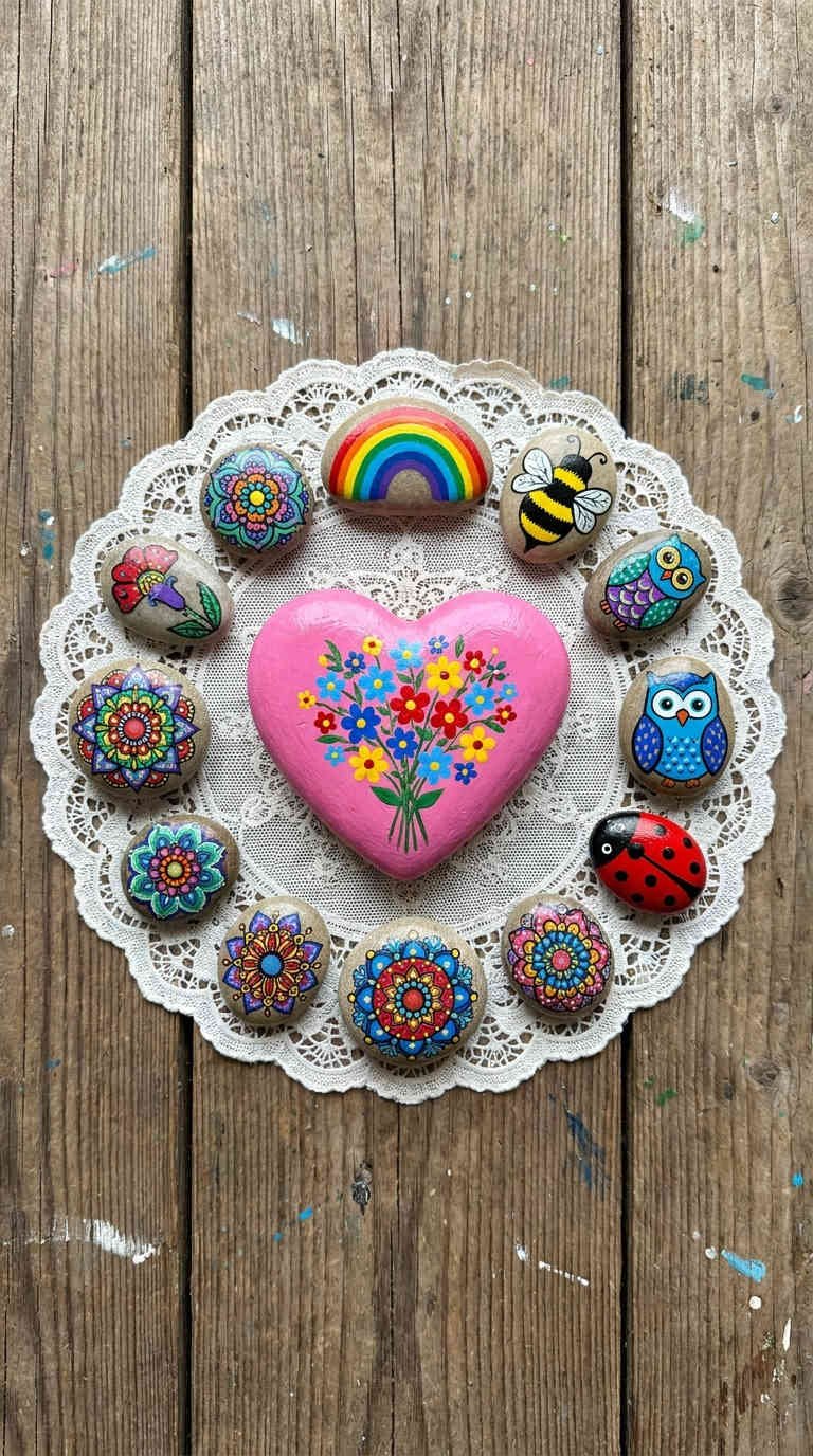 galets peints coeur couronne mandalas