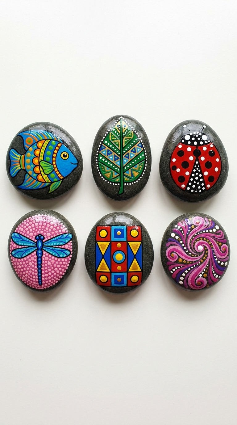 galets peints motifs sombres pointilles