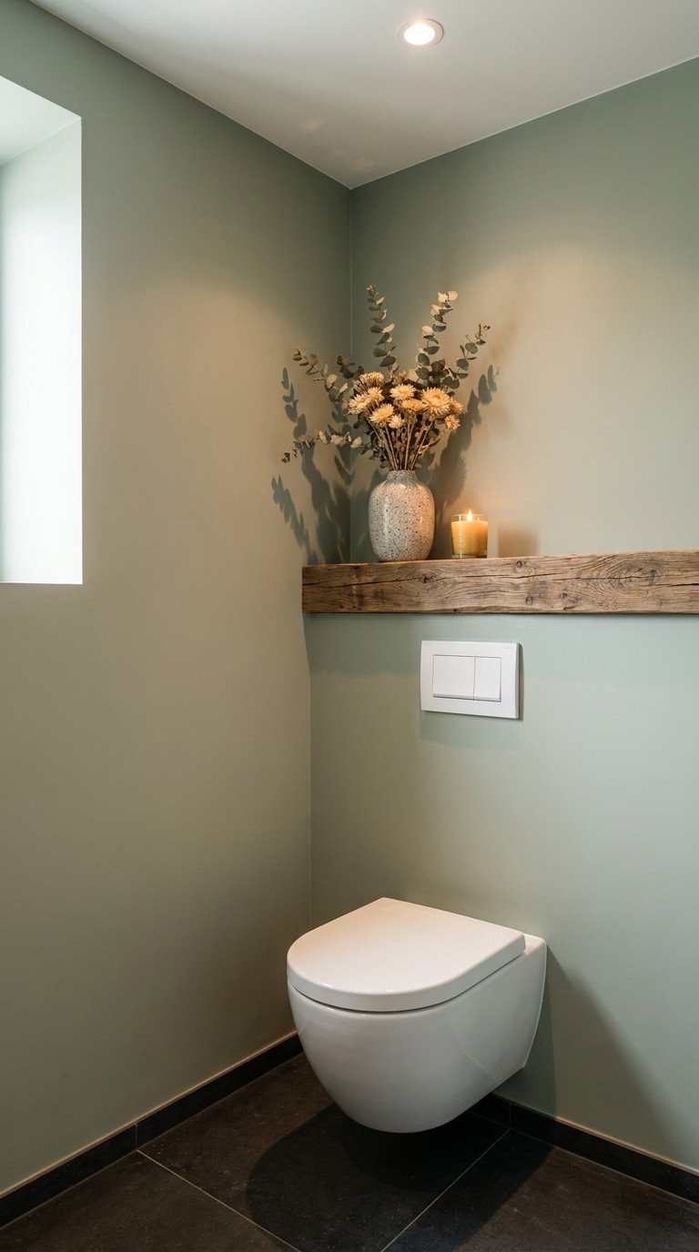 toilettes sauge tablette bois sombre