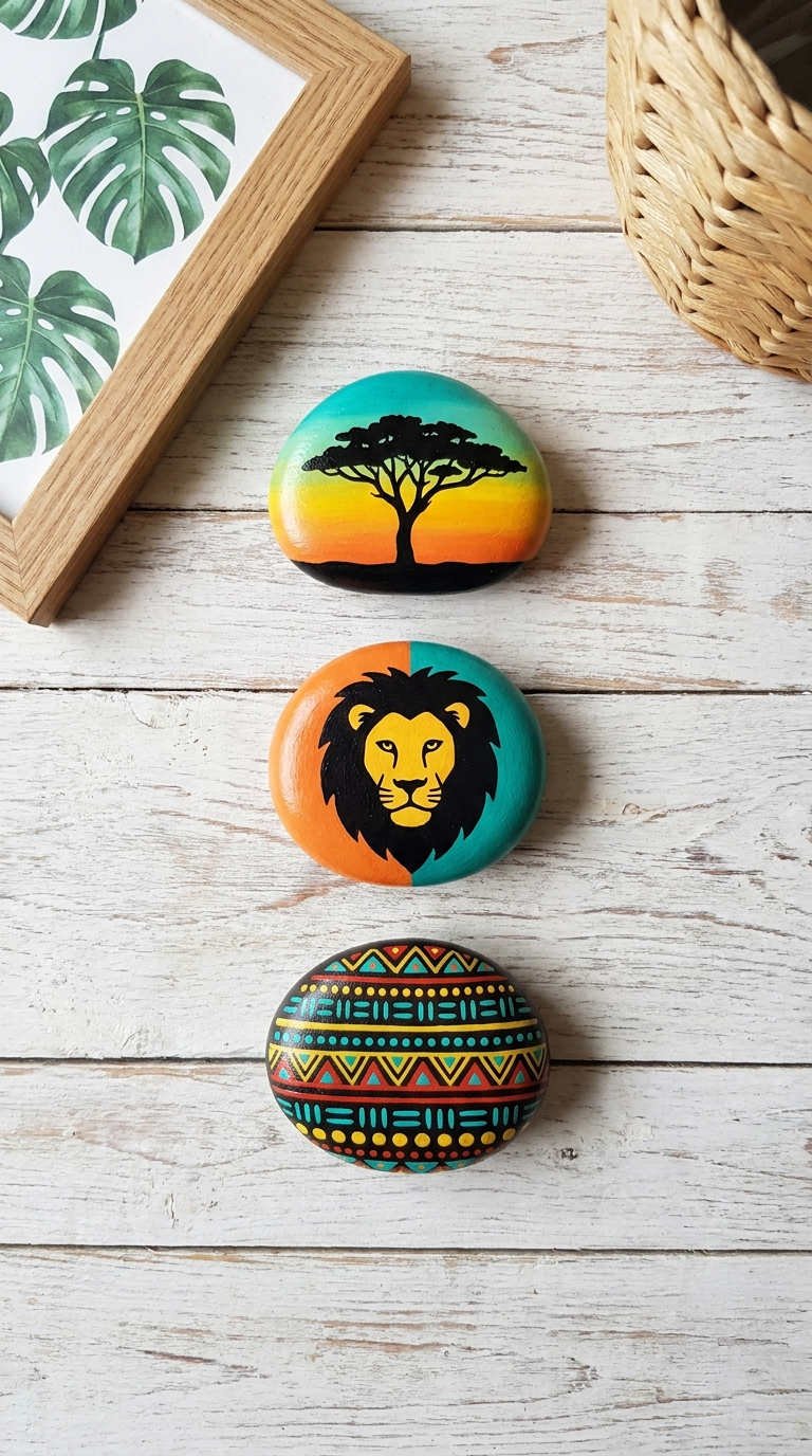 galets peints safari lion tribal