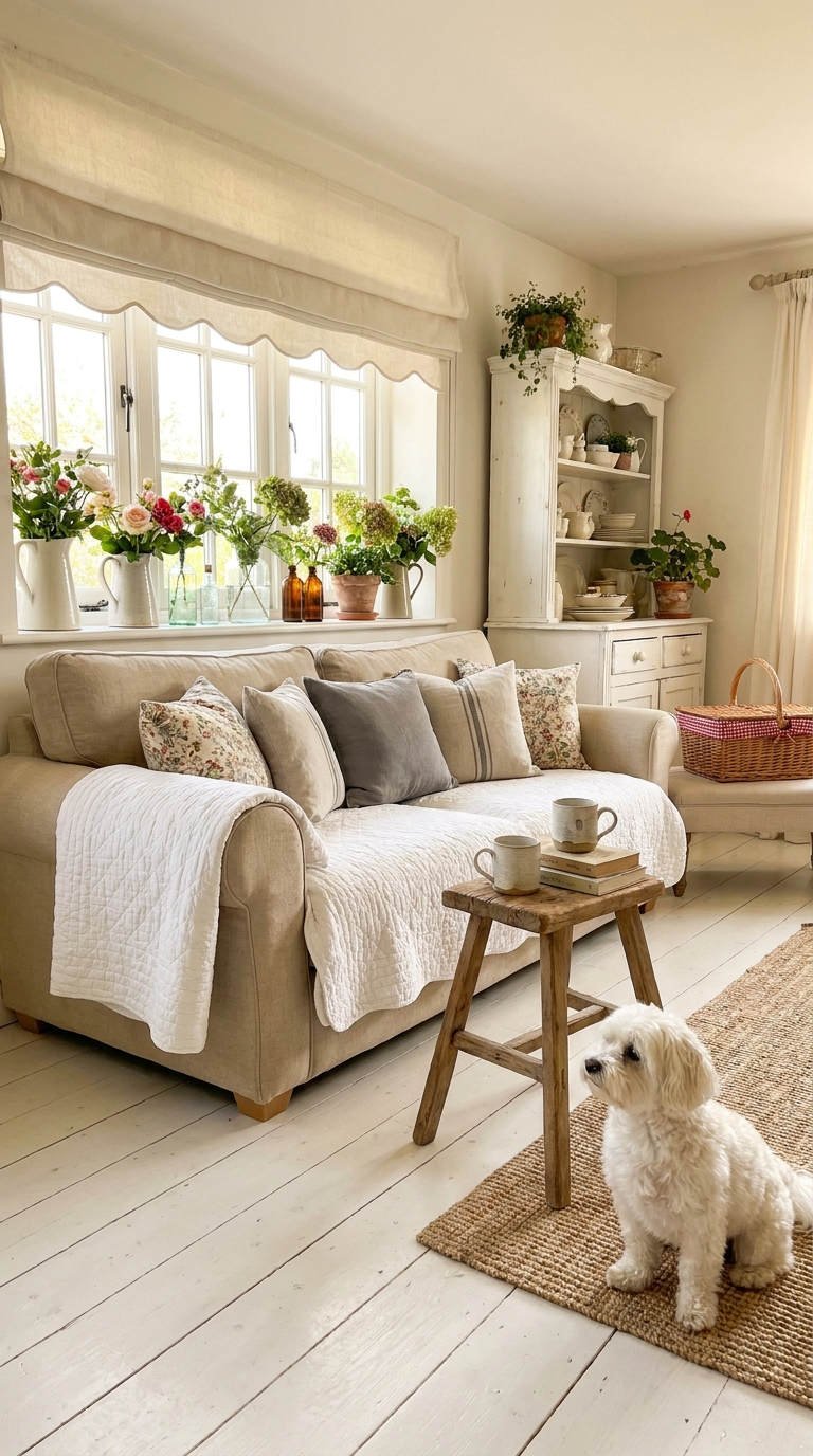 salon blanc fleurs fenetre