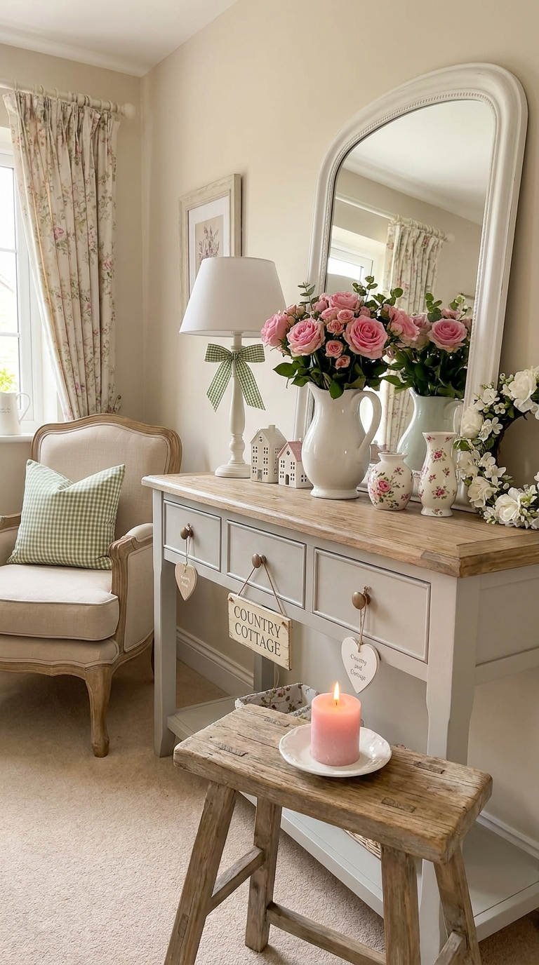 console cottage miroir roses