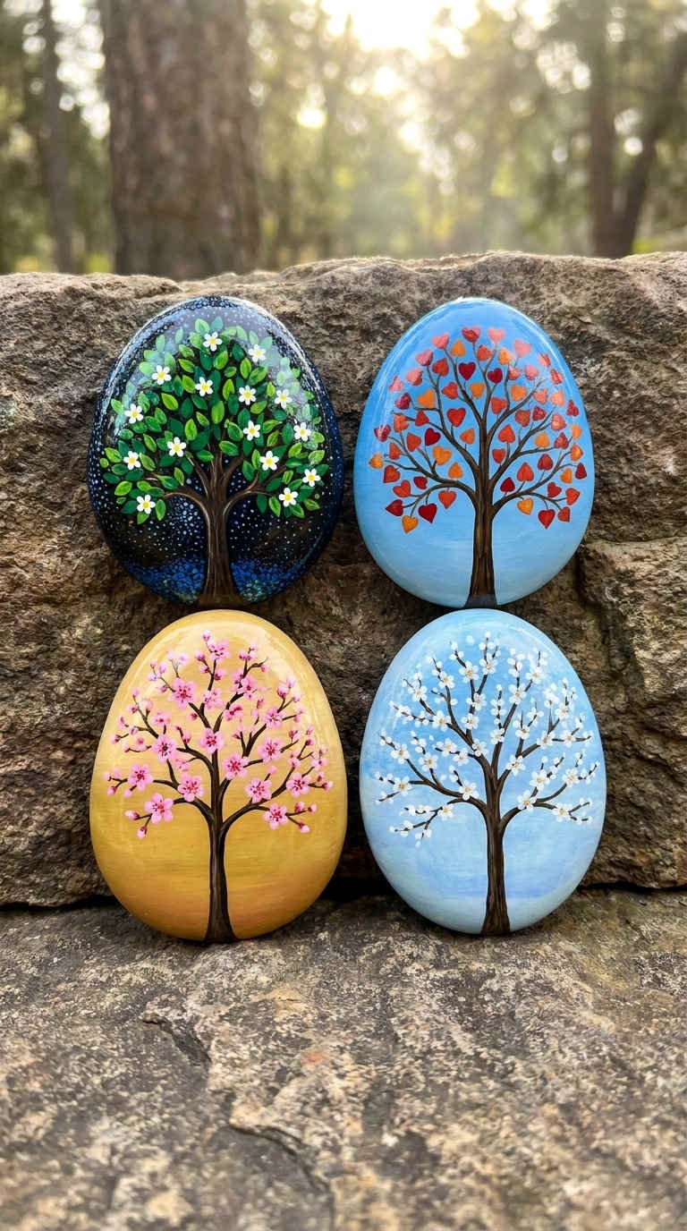 galets peints arbres quatre saisons