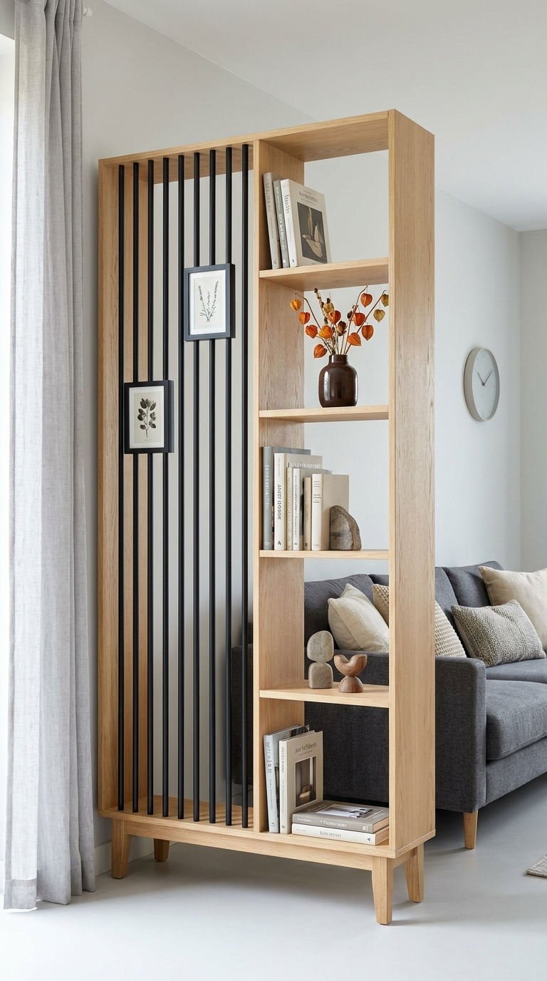 claustra bois noir etageres salon