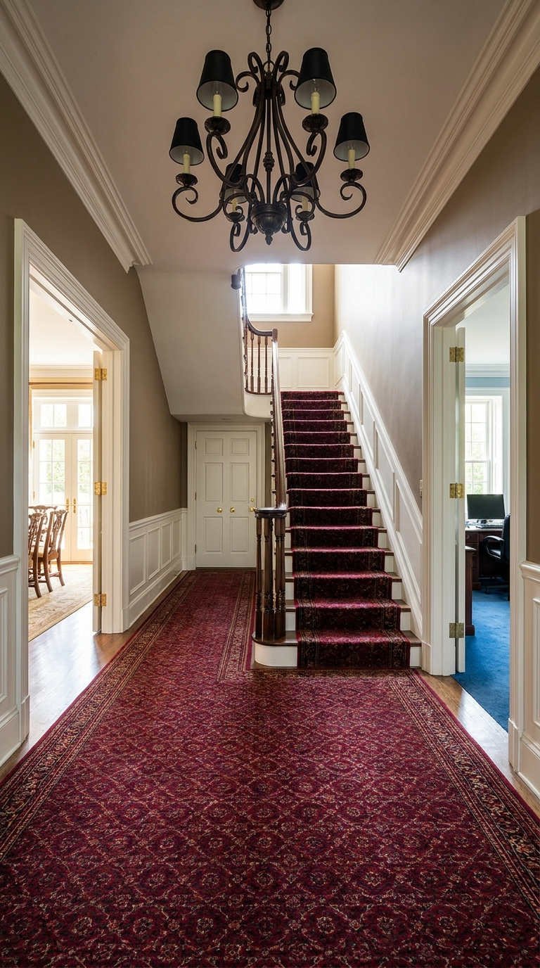 couloir classique tapis rouge escalier