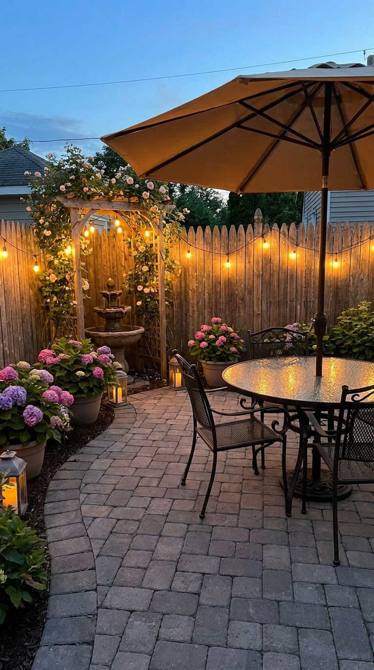 guirlandes terrasse fleurie parasol