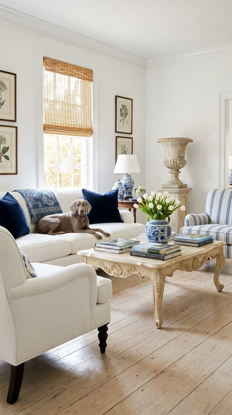 salon blanc bleu classique