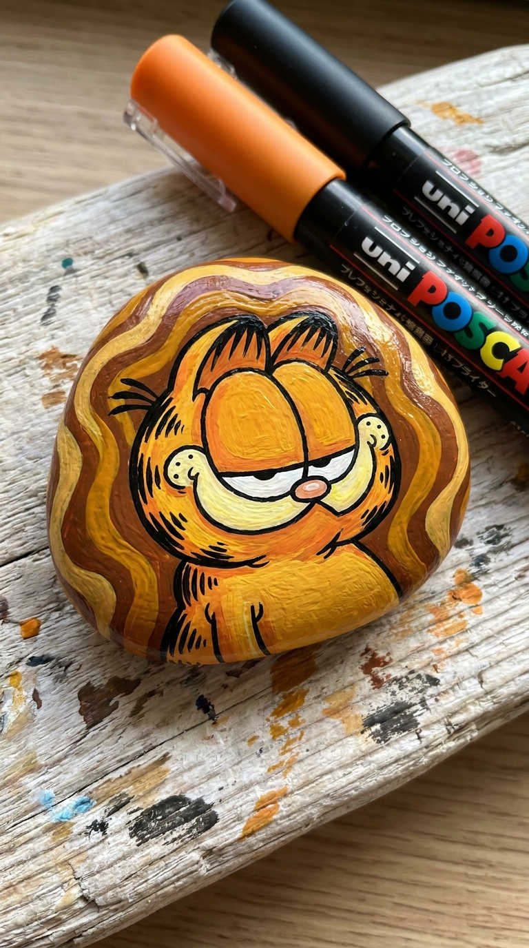 galet peint chat orange bd