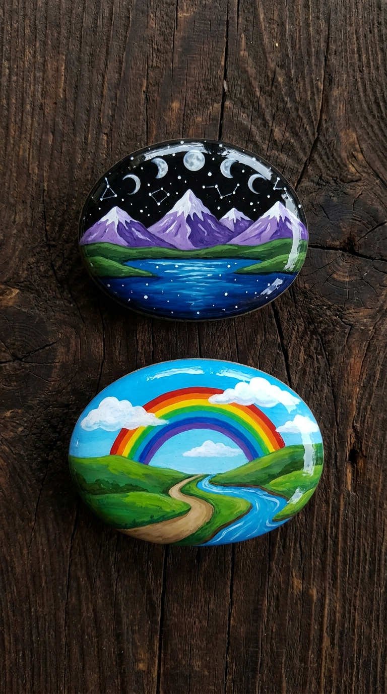 galets peints paysages montagne arcenciel