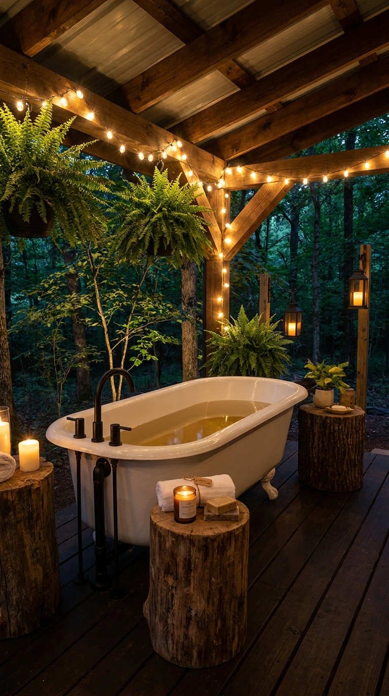 baignoire pergola bois guirlandes