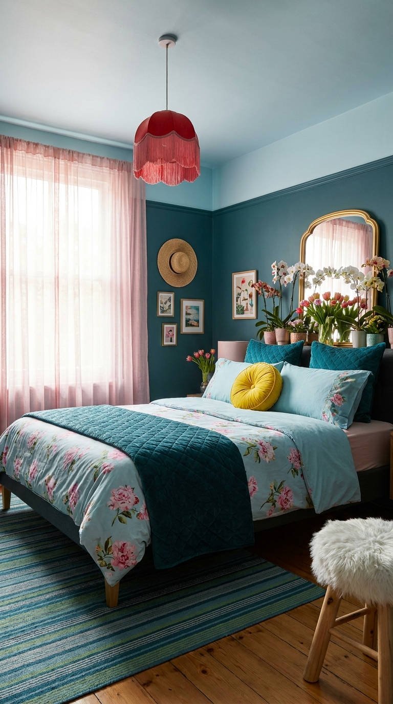 chambre teal rose florale