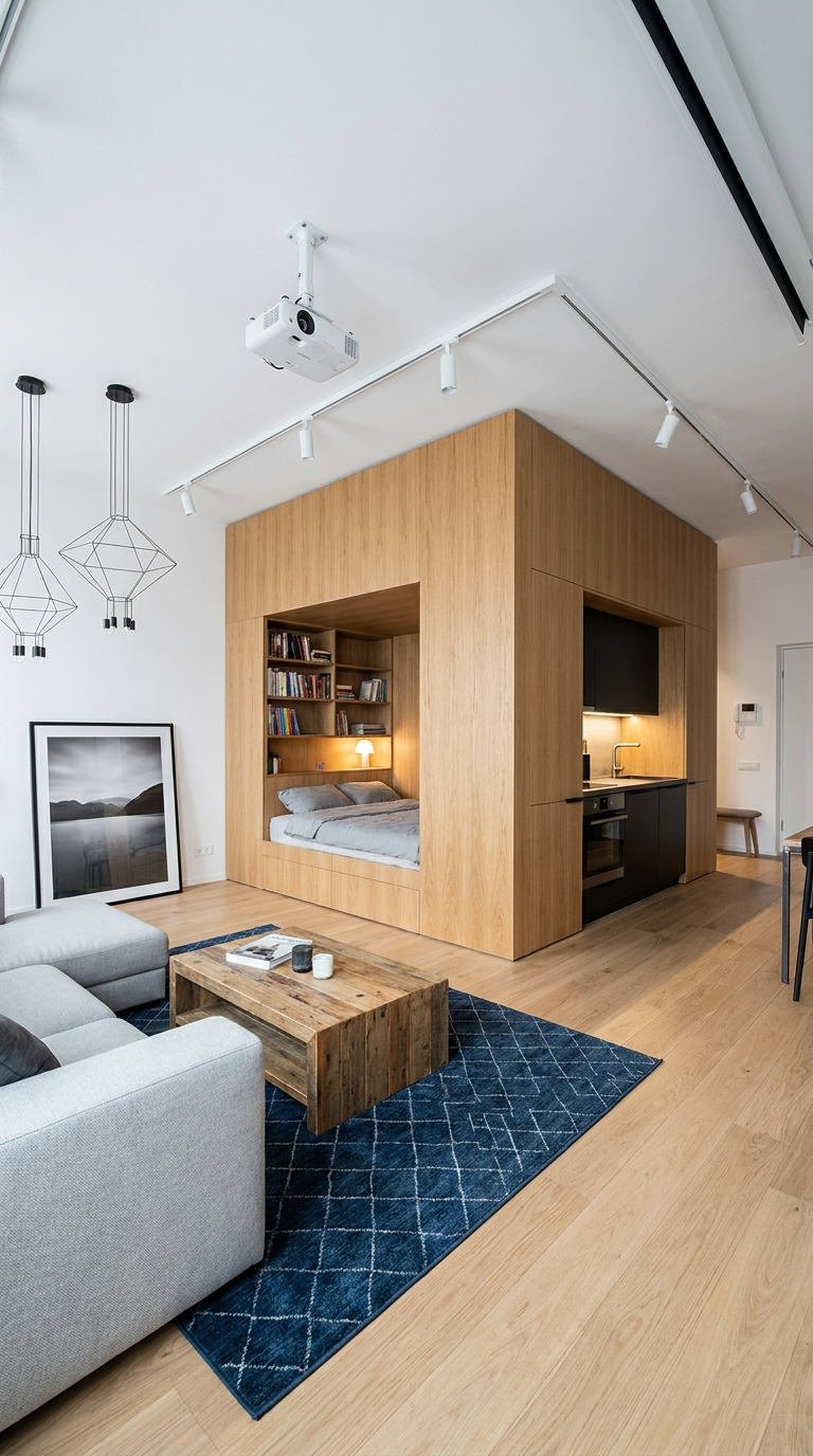 cube bois lit cuisine studio