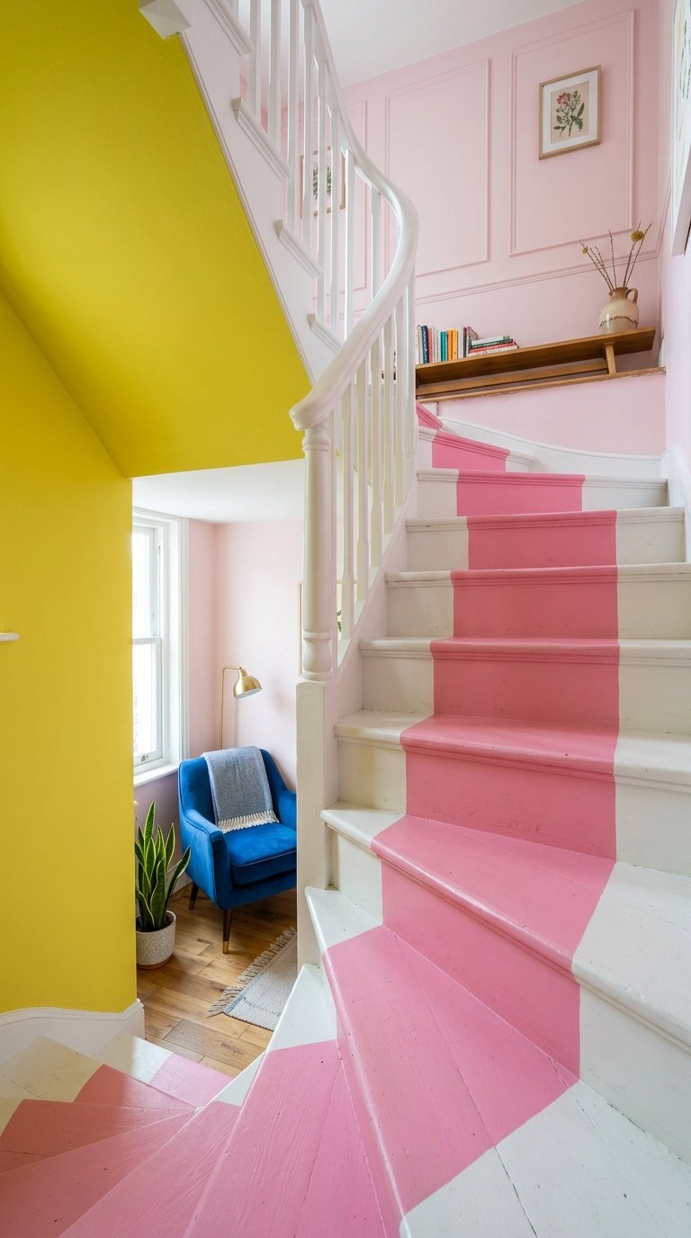 escalier bois rose jaune pop
