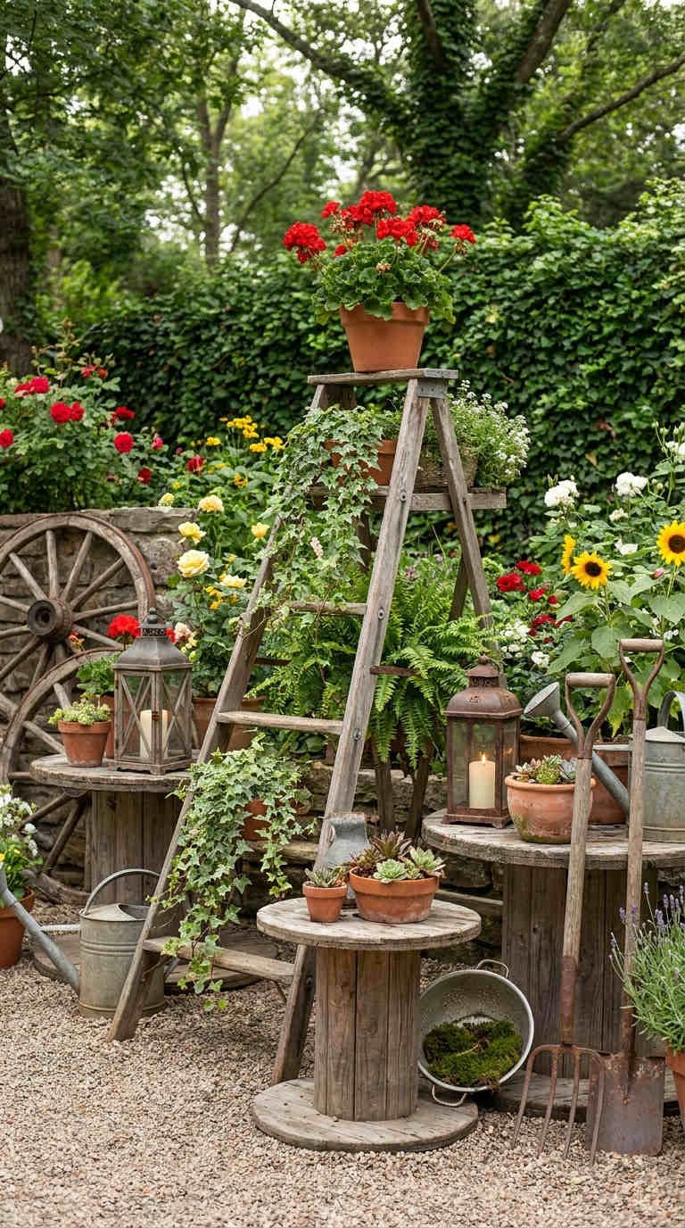jardin brocante echelle lanternes
