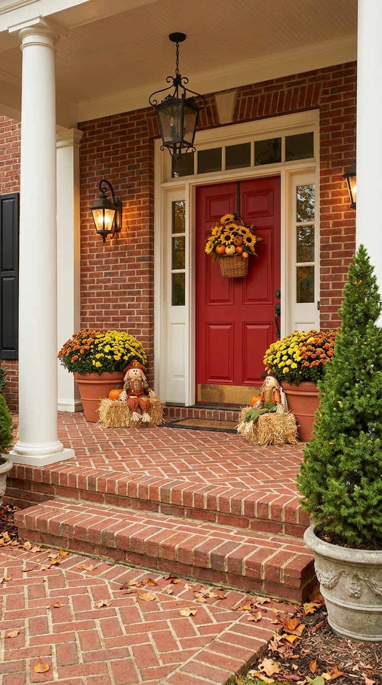 porche entree brique automne mums