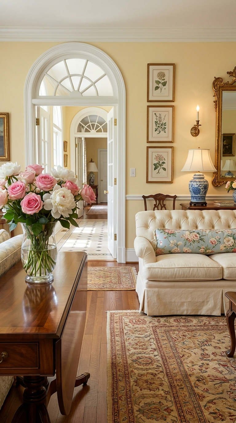 salon classique roses miroir dore