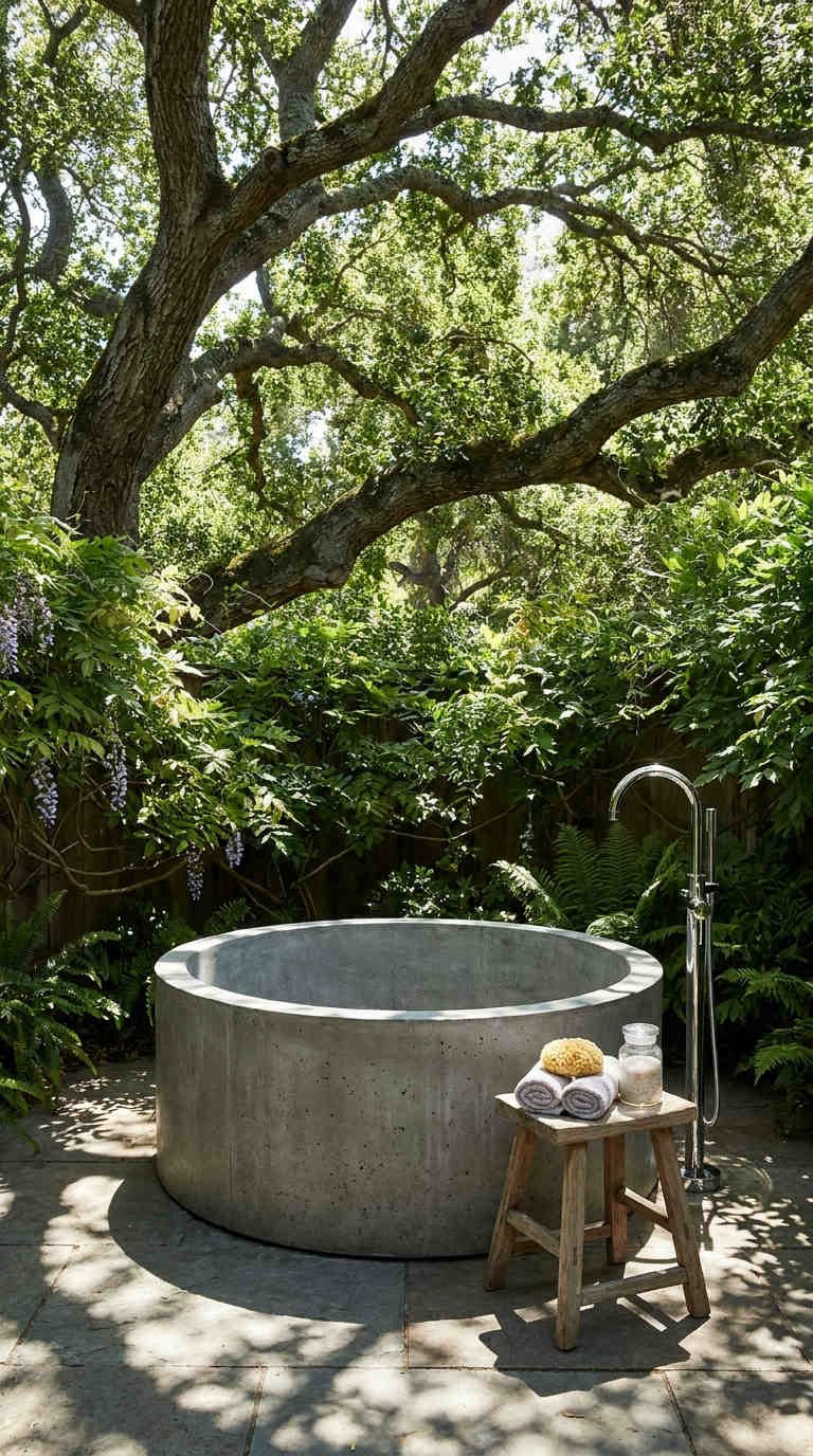 baignoire ronde beton arbres