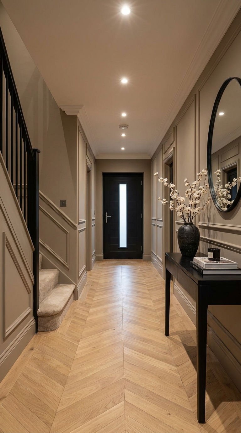 couloir taupe parquet chevron console