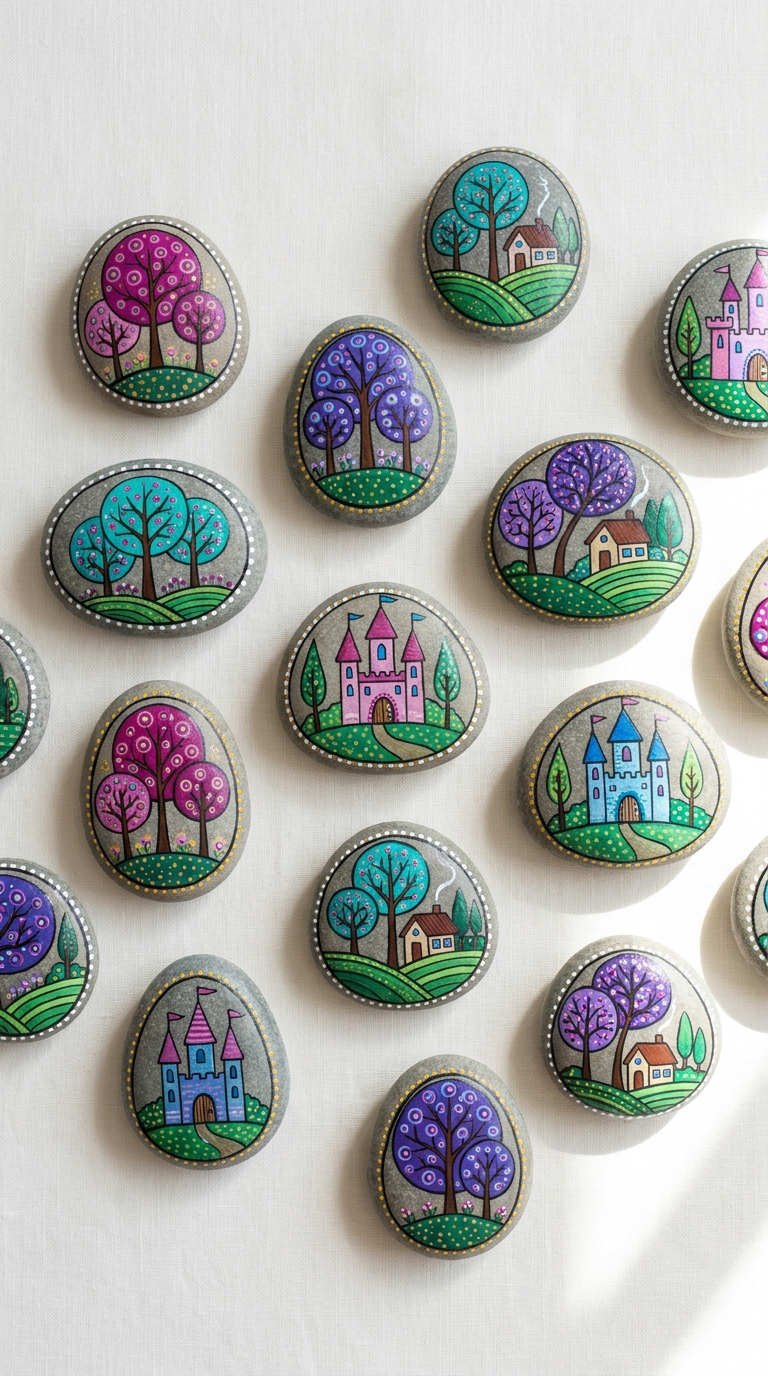 galets peints villages arbres chateaux