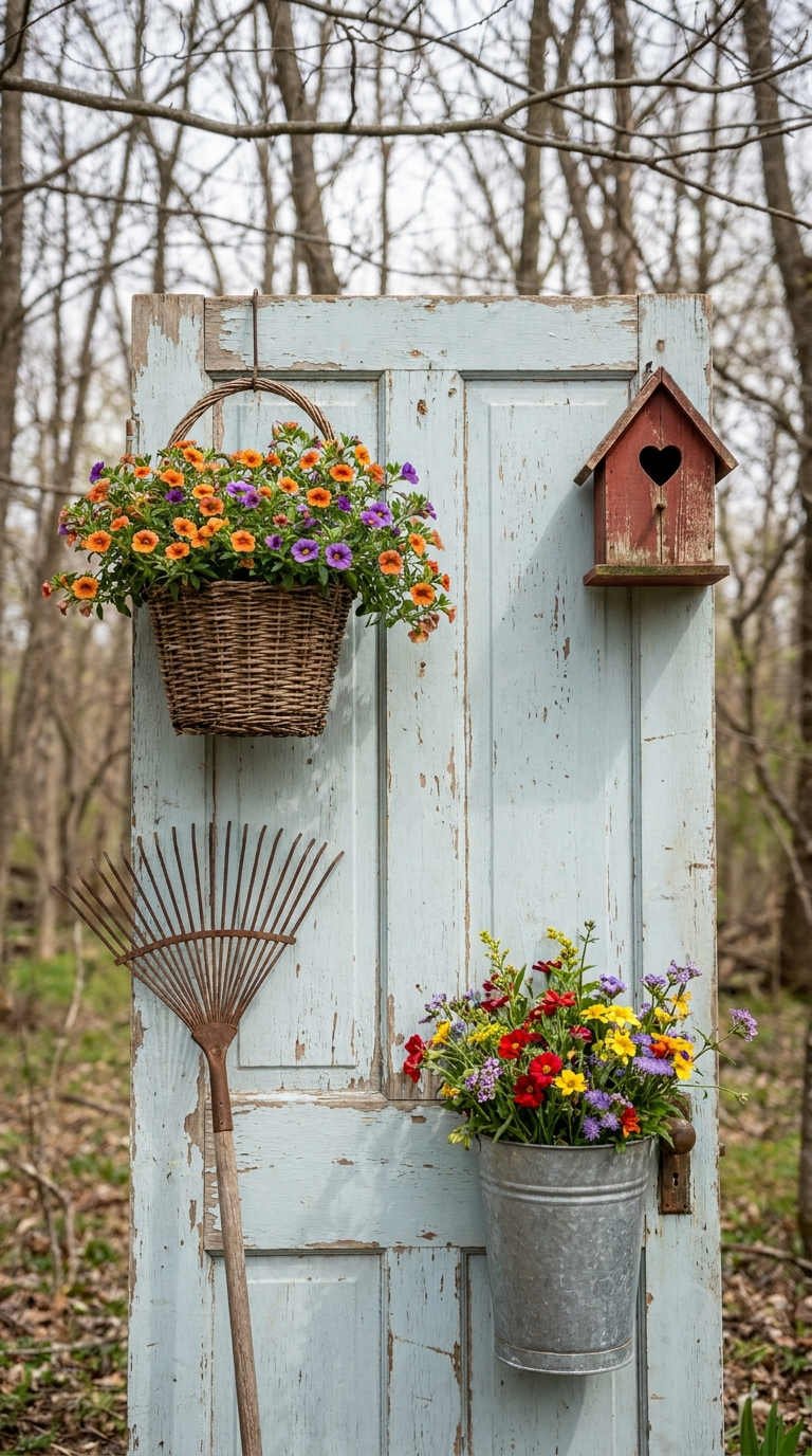 porte bleue panier fleuri