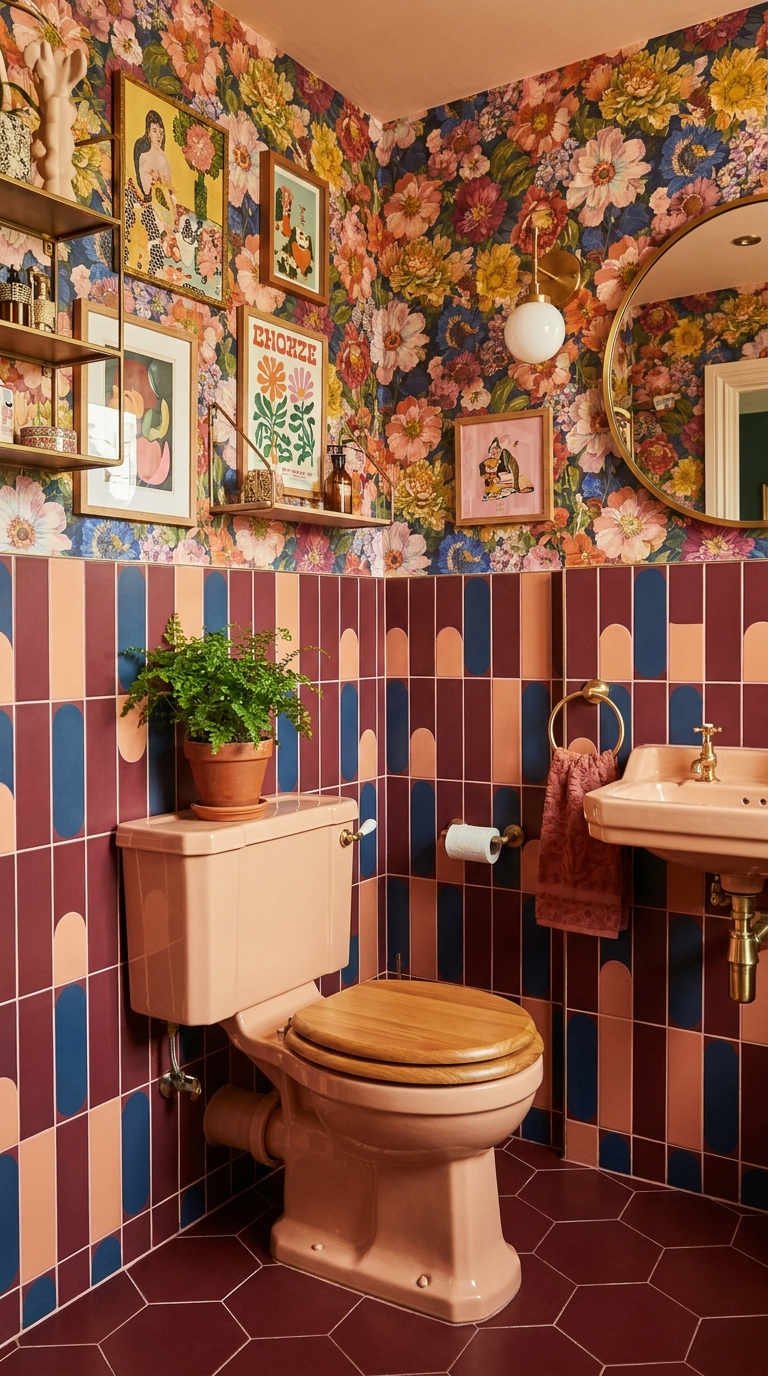 toilettes maximalistes florales carrelage retro
