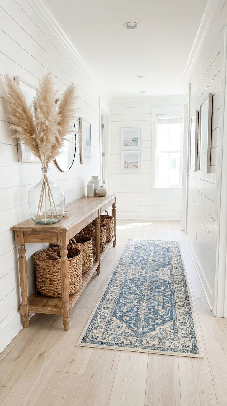 couloir blanc tapis bleu