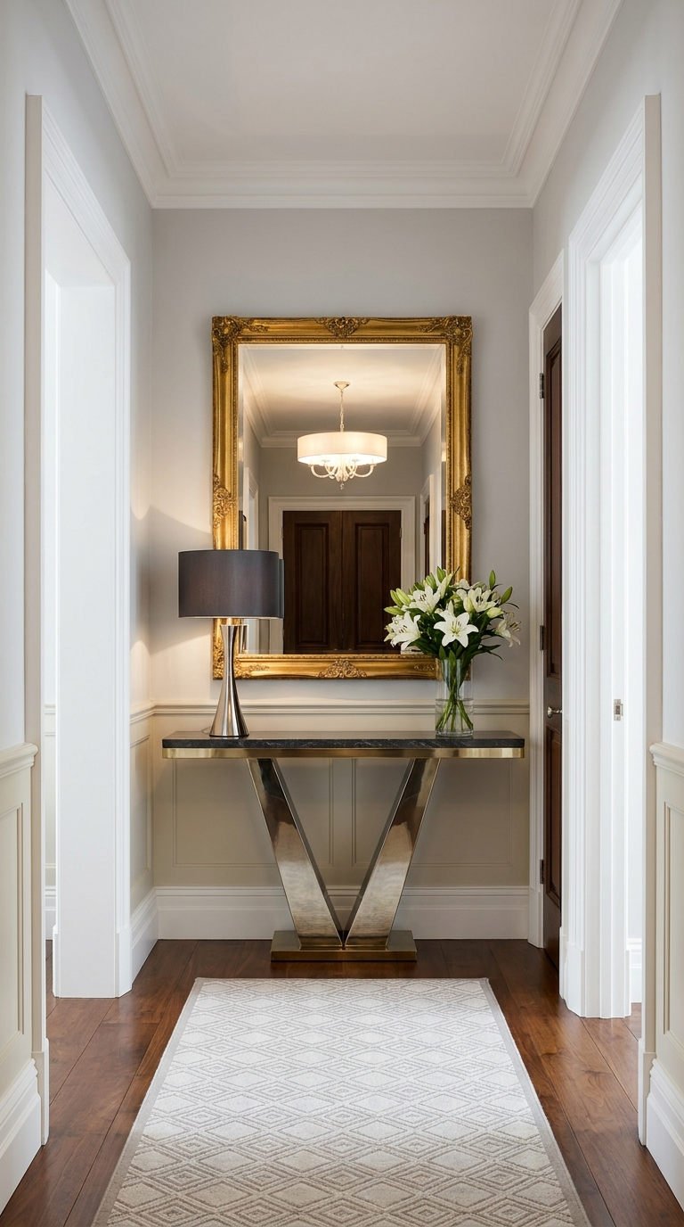 couloir miroir dore console fleurs