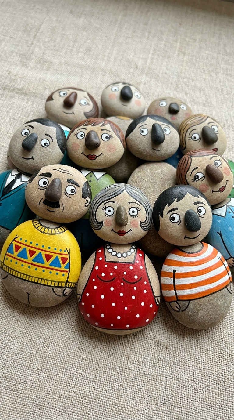 galets peints personnages nez relief