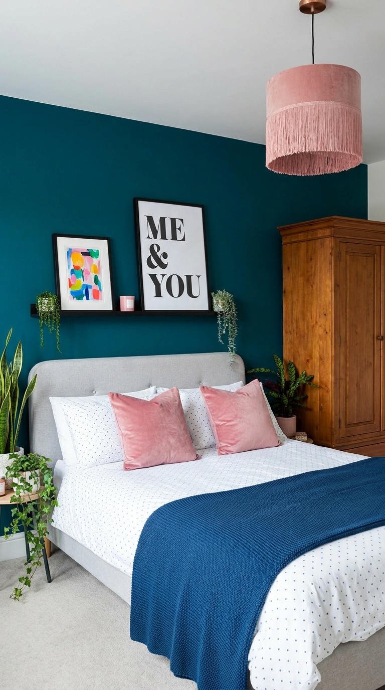 mur bleu petrole rose