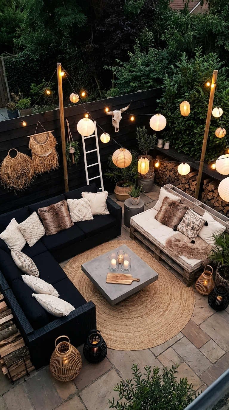 patio noir lampions boheme